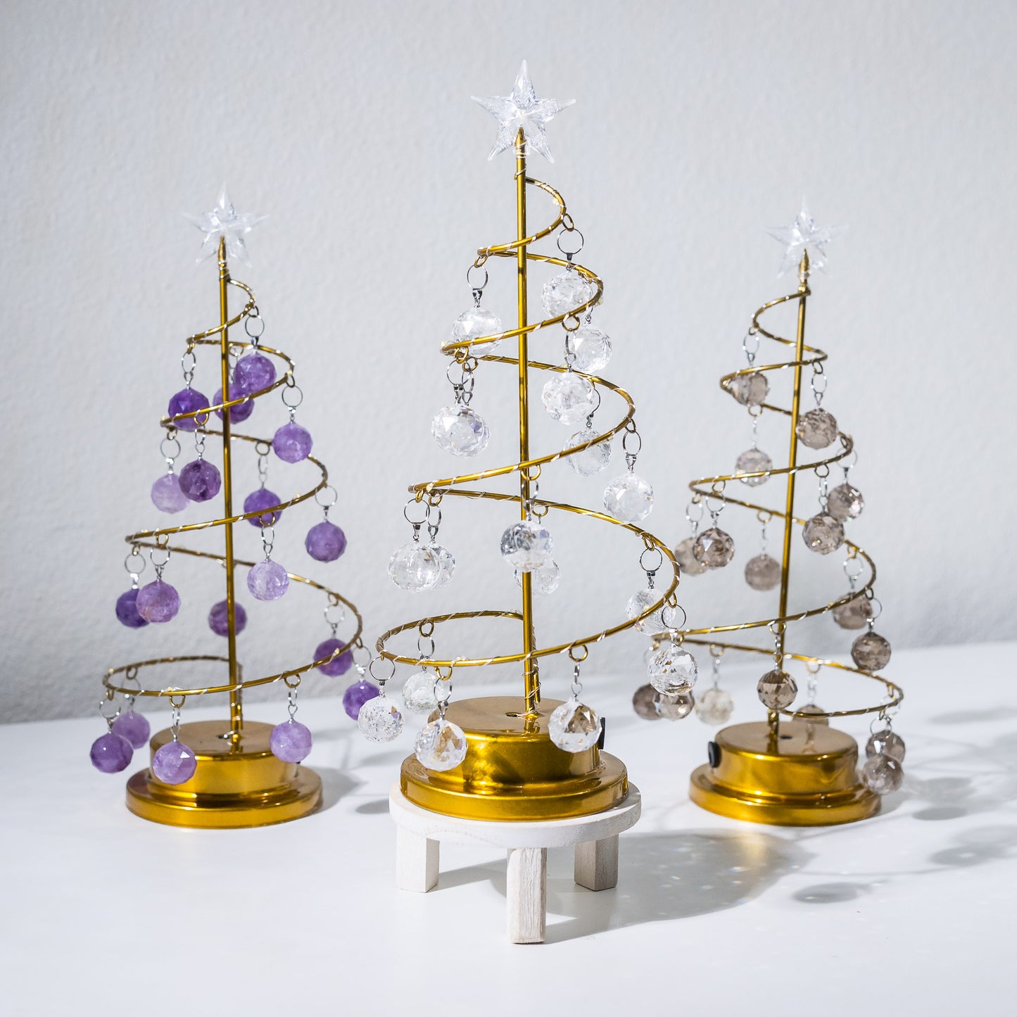 CRYSTAL CHRISTMAS TREE - AMETHYST/SMOKEY QUARTZ/CLEAR QUARTZ ORNAMENTS & LED LIGHTS