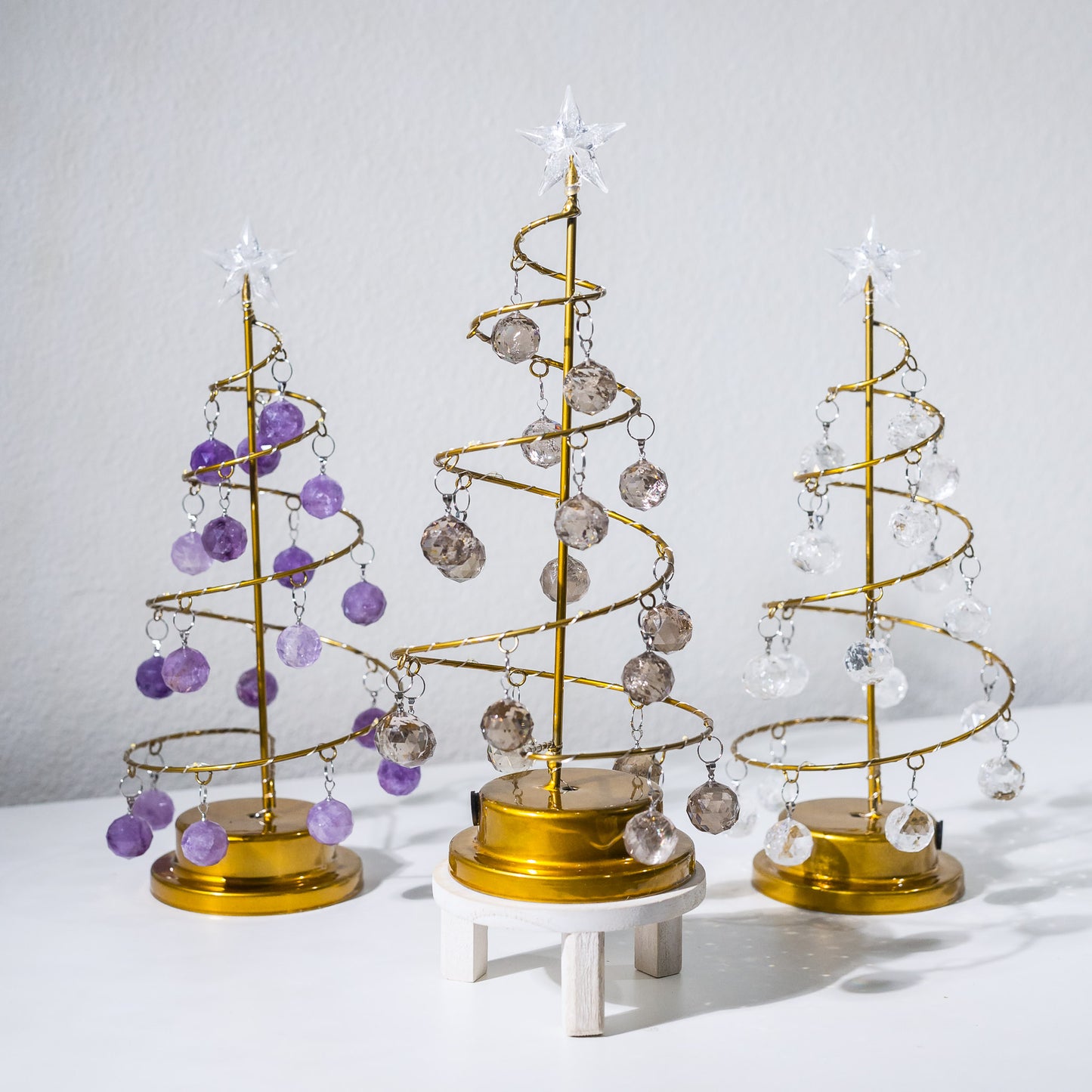 CRYSTAL CHRISTMAS TREE - AMETHYST/SMOKEY QUARTZ/CLEAR QUARTZ ORNAMENTS & LED LIGHTS