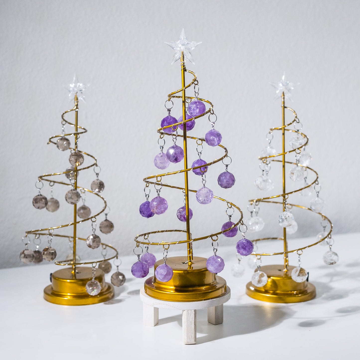 CRYSTAL CHRISTMAS TREE - AMETHYST/SMOKEY QUARTZ/CLEAR QUARTZ ORNAMENTS & LED LIGHTS