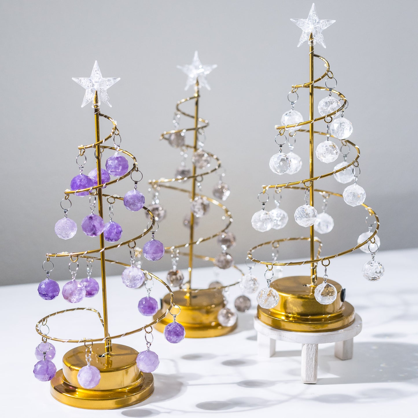 CRYSTAL CHRISTMAS TREE - AMETHYST/SMOKEY QUARTZ/CLEAR QUARTZ ORNAMENTS & LED LIGHTS